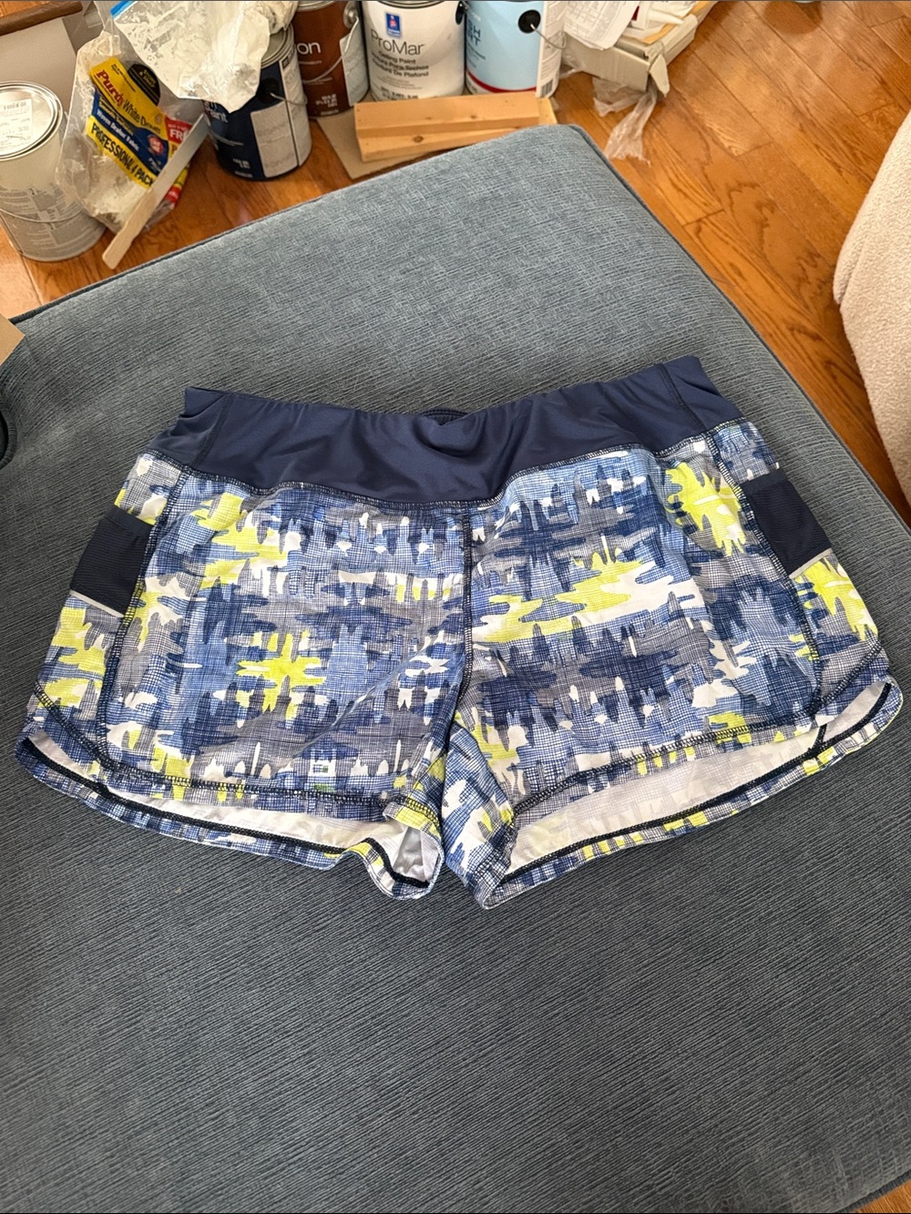 Athleta Blue and Yellow Patterned Athletic Shorts